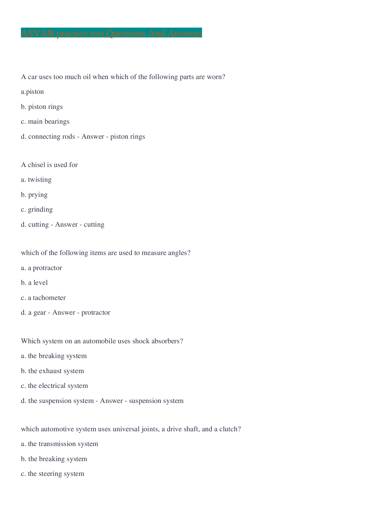 ASVAB practice test Questions And Answers - Browsegrades